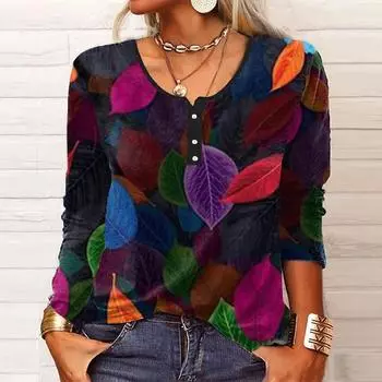 Женская новая модная футболка с длинным рукавом и принтом на пуговицах, тонкий топ, повседневные топы XL