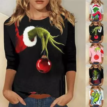 Женская новая модная футболка с круглым вырезом и рукавами 3/4 с принтом, тонкий топ, повседневные топы L зелёный