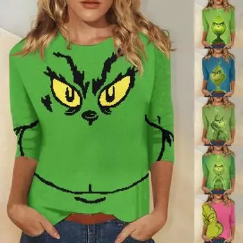 Женская новая модная футболка с круглым вырезом и рукавами 3/4 с принтом, тонкий топ, повседневные топы XXL
