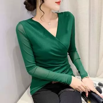 Женская новая модная футболка с v-образным вырезом и перекрестием, однотонный топ с длинными рукавами, весенне-осенняя сетчатая рубашка S-4XL M чёрный