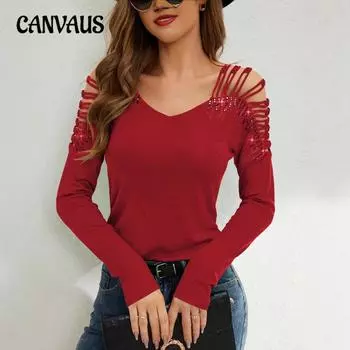 Женская новая модная кружевная футболка с длинными рукавами и V-образным вырезом, с тяжелым железным креплением S чёрный