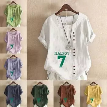 Женская новая модная льняная рубашка с круглым вырезом и коротким рукавом, футболка с рисунком номер семь, летняя женская повседневная блузка больших размеров, топы S розовый