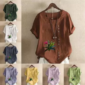 Женская новая модная льняная рубашка с круглым вырезом и коротким рукавом, футболка с принтом в виде листьев, летняя женская повседневная блузка, топы S розовый