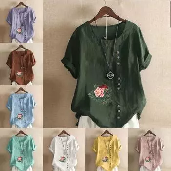 Женская новая модная льняная рубашка с круглым вырезом и коротким рукавом, футболка с цветочным принтом, летняя женская повседневная блузка больших размеров, топы S розовый