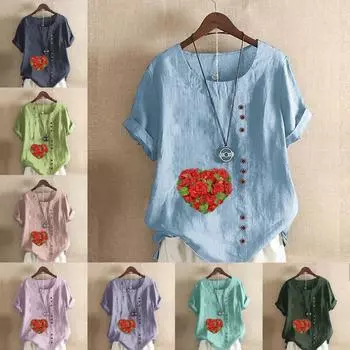 Женская новая модная льняная рубашка с круглым вырезом и коротким рукавом с цветочным принтом, летняя женская повседневная блузка больших размеров, топы S розовый