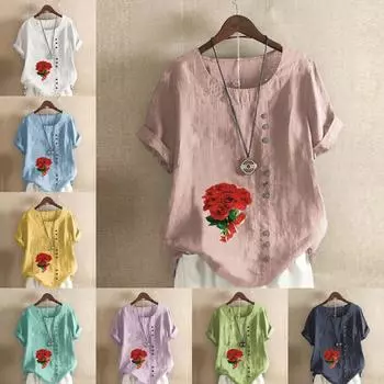 Женская новая модная льняная рубашка с круглым вырезом и коротким рукавом с цветочным принтом, летняя женская повседневная блузка больших размеров, топы S розовый