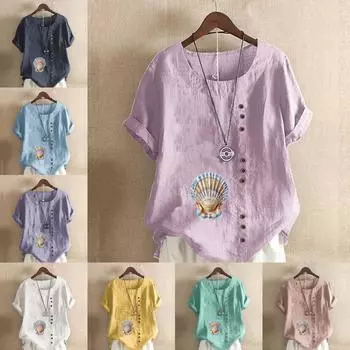 Женская новая модная льняная рубашка с круглым вырезом и коротким рукавом, принтованная футболка, летняя женская повседневная блузка больших размеров S розовый