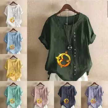 Женская новая модная льняная рубашка с круглым вырезом и коротким рукавом, с принтом в виде лука и стрел, летняя женская повседневная блузка, топы S розовый