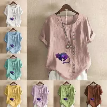 Женская новая модная льняная рубашка с круглым вырезом и коротким рукавом, фиолетовая футболка с принтом кота, летняя женская повседневная блузка больших размеров, топы S розовый