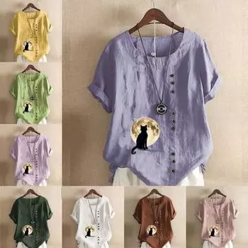 Женская новая модная льняная рубашка с круглым вырезом и коротким рукавом, черная футболка с принтом кота, летняя женская повседневная блузка больших размеров, топы S розовый