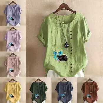 Женская новая модная льняная рубашка с круглым вырезом и коротким рукавом, футболка с принтом кота, летняя женская повседневная блузка больших размеров, топы S розовый