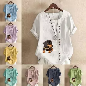 Женская новая модная льняная рубашка с круглым вырезом и коротким рукавом с собачьим принтом, летняя женская повседневная блузка больших размеров, топы S розовый