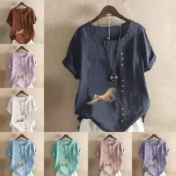 Женская новая модная льняная рубашка с круглым вырезом и коротким рукавом с принтом льва, летняя женская повседневная блузка больших размеров S розовый