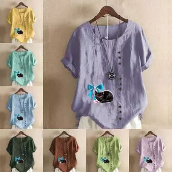 Женская новая модная льняная рубашка с круглым вырезом и коротким рукавом, милая футболка с принтом черного кота, летняя женская повседневная блузка больших размеров, топы S розовый