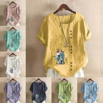 Женская новая модная льняная рубашка с круглым вырезом и коротким рукавом, футболка с принтом Embrace Friends, летняя женская повседневная блузка, топы S розовый