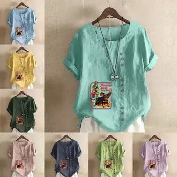 Женская новая модная льняная рубашка с круглым вырезом и коротким рукавом, футболка с мультяшным рисунком и принтом, летняя женская повседневная блузка больших размеров, топы S розовый