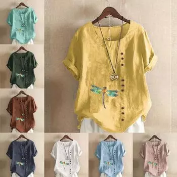 Женская новая модная льняная рубашка с круглым вырезом и коротким рукавом с принтом стрекозы, летняя женская повседневная блузка больших размеров, топы S розовый