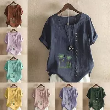 Женская новая модная льняная рубашка с круглым вырезом и коротким рукавом с принтом дерева, летняя женская повседневная блузка больших размеров, топы S розовый