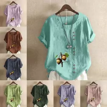 Женская новая модная льняная рубашка с круглым вырезом и коротким рукавом с принтом лесного ореха, летняя женская повседневная блузка больших размеров, топы S розовый
