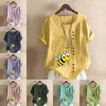 Женская новая модная льняная рубашка с круглым вырезом и коротким рукавом, футболка с принтом пчел, летняя женская повседневная блузка больших размеров, топы S розовый
