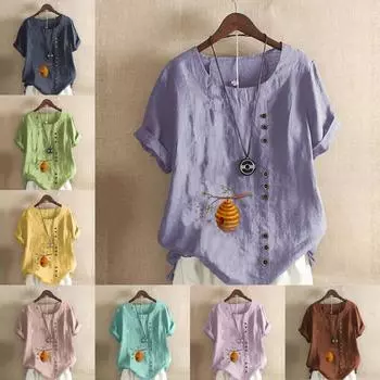 Женская новая модная льняная рубашка с круглым вырезом и коротким рукавом с сотовым принтом, летняя женская повседневная блузка больших размеров, топы S розовый