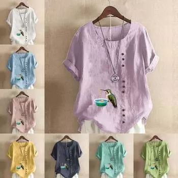Женская новая модная льняная рубашка с круглым вырезом и коротким рукавом с птичьим принтом, летняя женская повседневная блузка больших размеров, топы S розовый