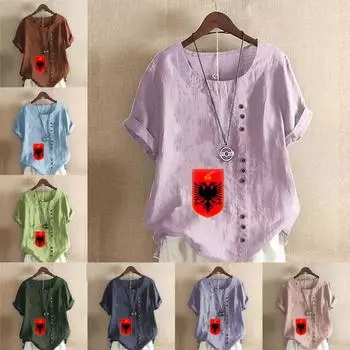 Женская новая модная льняная рубашка с круглым вырезом и коротким рукавом, с принтом красного баннера, летняя женская повседневная блузка больших размеров, топы S розовый