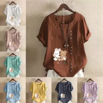Женская новая модная льняная рубашка с круглым вырезом и коротким рукавом, с принтом кролика и медведя, летняя женская повседневная блузка больших размеров, топы S розовый