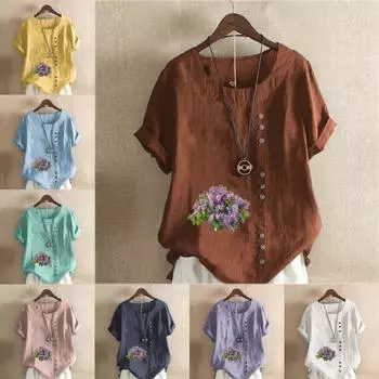 Женская новая модная льняная рубашка с круглым вырезом и коротким рукавом, футболка с принтом Babysbreath, летняя женская повседневная блузка больших размеров, топы S розовый