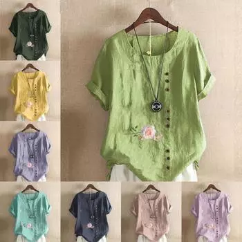 Женская новая модная льняная рубашка с круглым вырезом, короткая футболка с принтом розы, летняя женская повседневная блузка больших размеров, топы S розовый