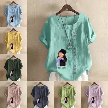 Женская новая модная льняная рубашка с круглым вырезом и коротким рукавом, шарф для девочек, футболка с принтом, летняя женская повседневная блузка больших размеров, топы S розовый