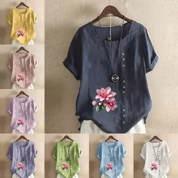 Женская новая модная льняная рубашка с круглым вырезом и коротким рукавом с цветочным принтом, летняя женская повседневная блузка больших размеров, топы S розовый