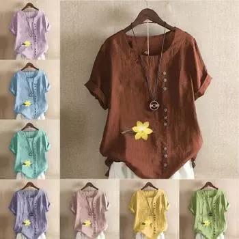 Женская новая модная льняная рубашка с круглым вырезом и коротким рукавом, футболка с цветочным принтом, летняя женская повседневная блузка больших размеров, топы S розовый