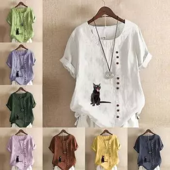 Женская новая модная льняная рубашка с круглым вырезом, короткая футболка с принтом кота, летняя женская повседневная блузка больших размеров, топы S розовый