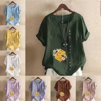 Женская новая модная льняная рубашка с круглым вырезом и коротким рукавом, футболка с медовым принтом, летняя женская повседневная блузка больших размеров, топы S розовый