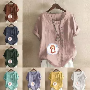 Женская новая модная льняная рубашка с круглым вырезом и коротким рукавом, симпатичная футболка с принтом Bo Niu, летняя женская повседневная блузка больших размеров, топы S розовый