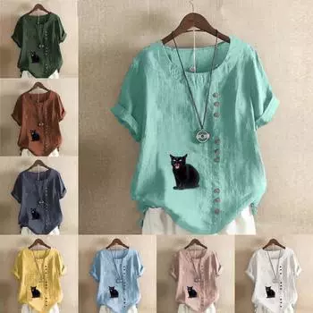 Женская новая модная льняная рубашка с круглым вырезом и коротким рукавом, футболка с принтом кота, летняя женская повседневная блузка больших размеров, топы S розовый