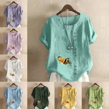Женская новая модная льняная рубашка с круглым вырезом и коротким рукавом, футболка с принтом пчел, летняя женская повседневная блузка больших размеров, топы S розовый