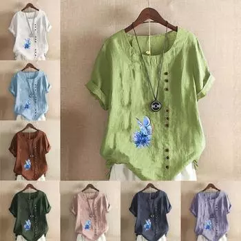 Женская новая модная льняная рубашка с круглым вырезом и коротким рукавом, синяя футболка с принтом бабочек, летняя женская повседневная блузка больших размеров S розовый