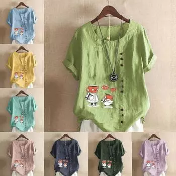 Женская новая модная льняная рубашка с круглым вырезом и коротким рукавом, футболка с принтом «чашечник», летняя женская повседневная блузка больших размеров, топы S розовый