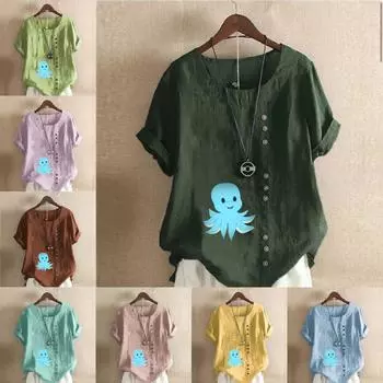 Женская новая модная льняная рубашка с круглым вырезом и коротким рукавом с принтом осьминога, летняя женская повседневная блузка, топы S розовый