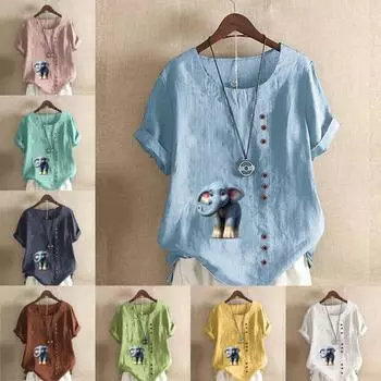 Женская новая модная льняная рубашка с круглым вырезом и коротким рукавом, с принтом слона, летняя женская повседневная блузка больших размеров, топы S розовый