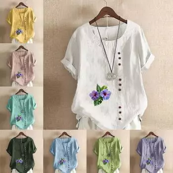 Женская новая модная льняная рубашка с круглым вырезом и коротким рукавом, фиолетовые цветы, принтованная футболка, летняя женская повседневная блузка больших размеров S розовый