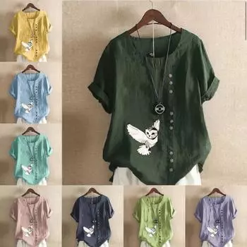Женская новая модная льняная рубашка с круглым вырезом и коротким рукавом с принтом совы, летняя женская повседневная блузка больших размеров, топы S розовый