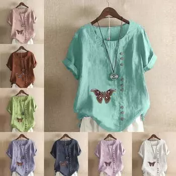 Женская новая модная льняная рубашка с круглым вырезом и коротким рукавом с принтом бабочек, летняя женская повседневная блузка больших размеров, топы S розовый