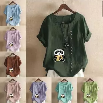 Женская новая модная льняная рубашка с круглым вырезом и коротким рукавом, футболка с принтом панды, летняя женская повседневная блузка больших размеров, топы S розовый