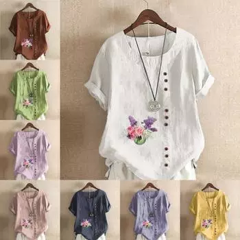 Женская новая модная льняная рубашка с круглым вырезом и коротким рукавом, футболка с принтом Babysbreath, летняя женская повседневная блузка больших размеров, топы S розовый