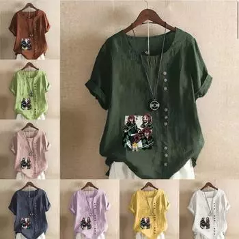 Женская новая модная льняная рубашка с круглым вырезом и коротким рукавом, с принтом персонажей мультфильмов, летняя женская повседневная блузка больших размеров, топы S розовый