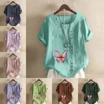 Женская новая модная льняная рубашка с круглым вырезом и коротким рукавом с принтом бабочек, летняя женская повседневная блузка больших размеров, топы S розовый