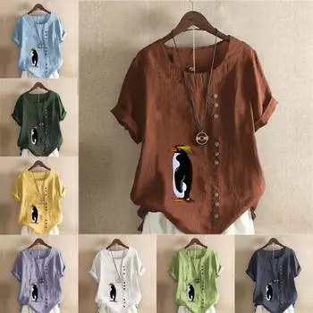 Женская новая модная льняная рубашка с круглым вырезом и коротким рукавом с принтом пингвина, летняя женская повседневная блузка больших размеров, топы S розовый